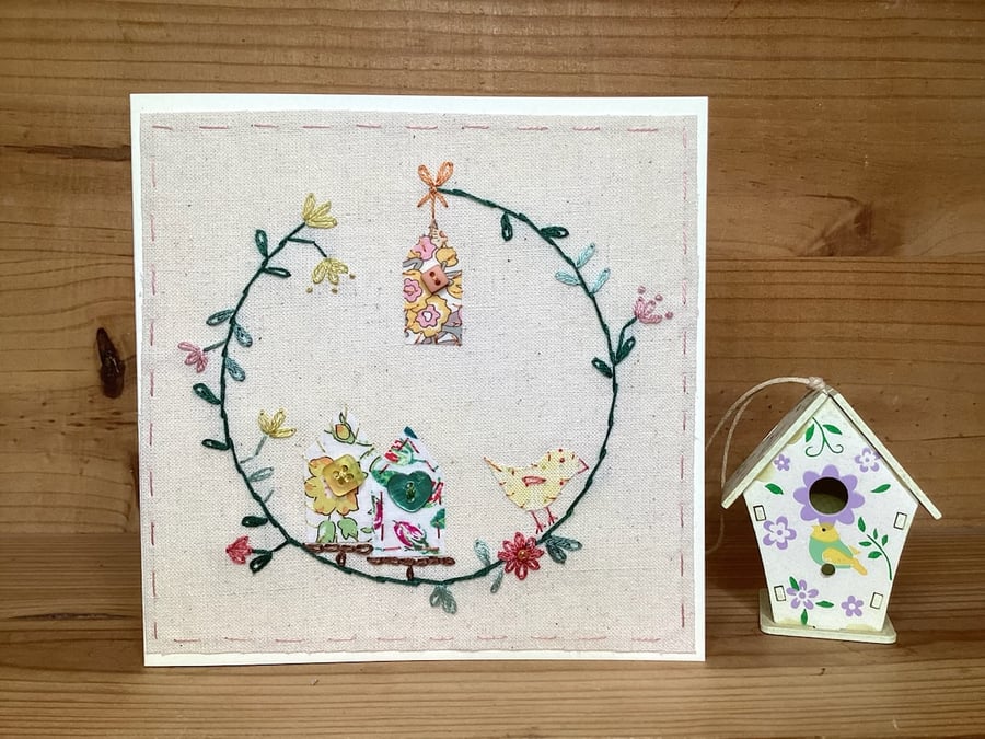 Little bright bird house hand embroidered card