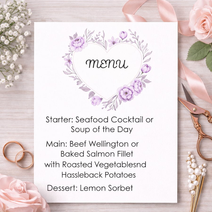 Personalised Wedding Menu Card  Lilac Love Heart