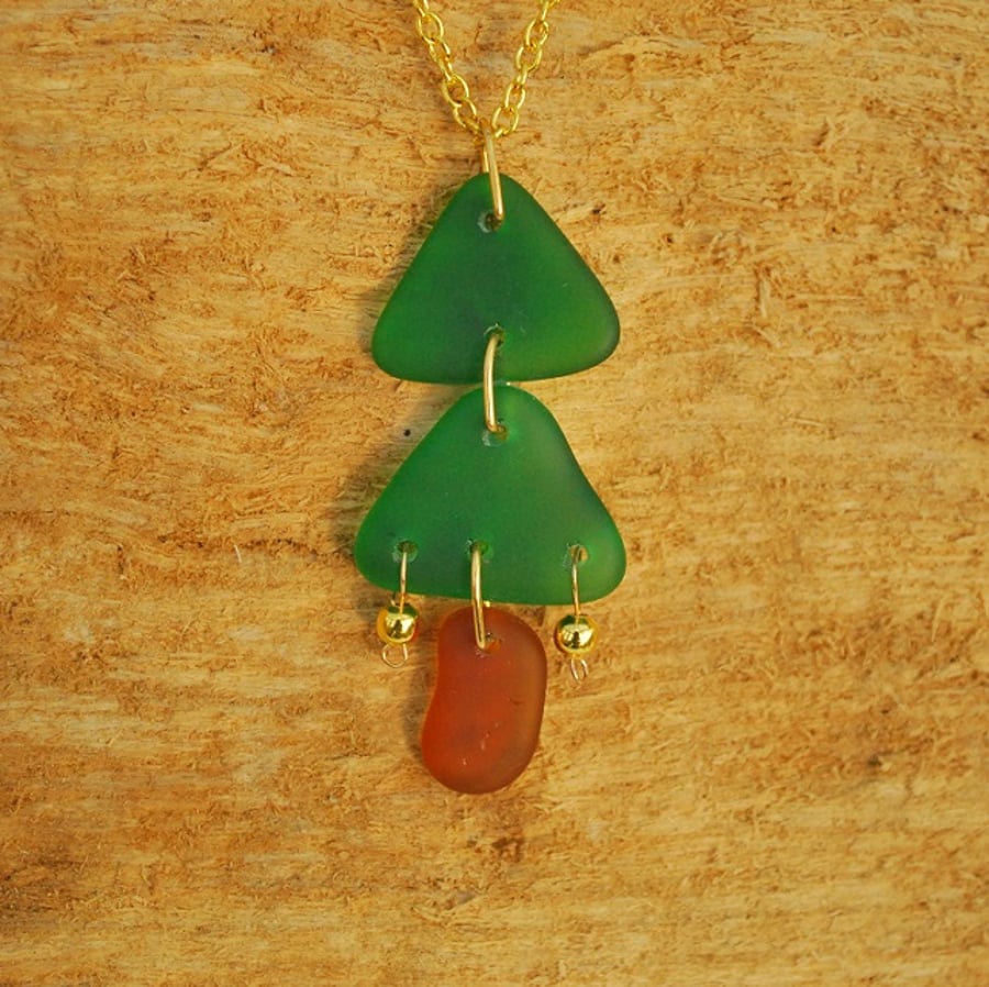 Beach glass tree pendant with gold balls