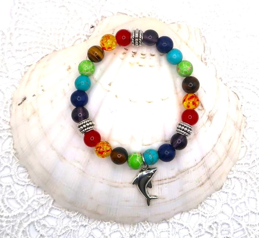Multi Semi Precious Gemstone Bracelet with Dolphin Charm. Free UK Postage