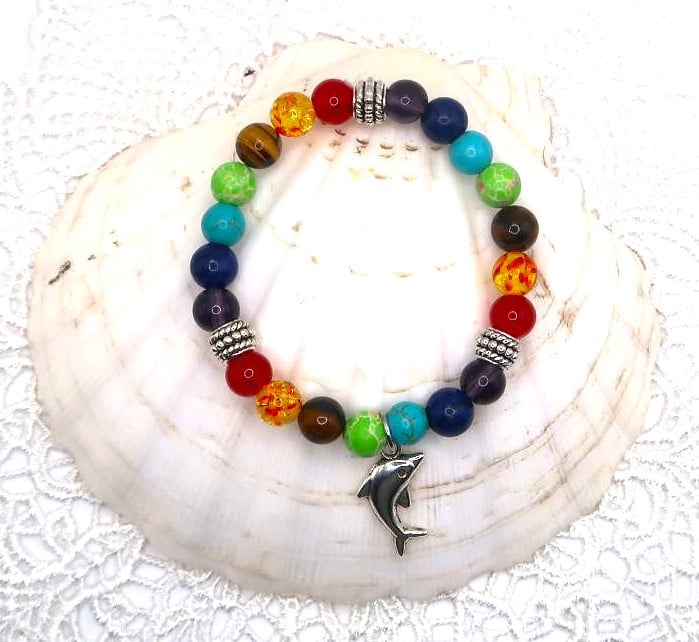 Multi Semi Precious Gemstone Bracelet with Dolphin Charm. Free UK Postage