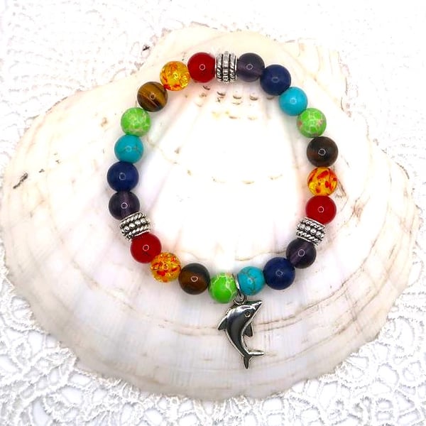 Multi Semi Precious Gemstone Bracelet with Dolphin Charm. Free UK Postage
