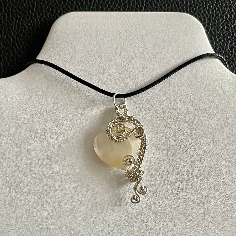 Dainty Wire Wrapped Mother Of Pearl Heart Pendant