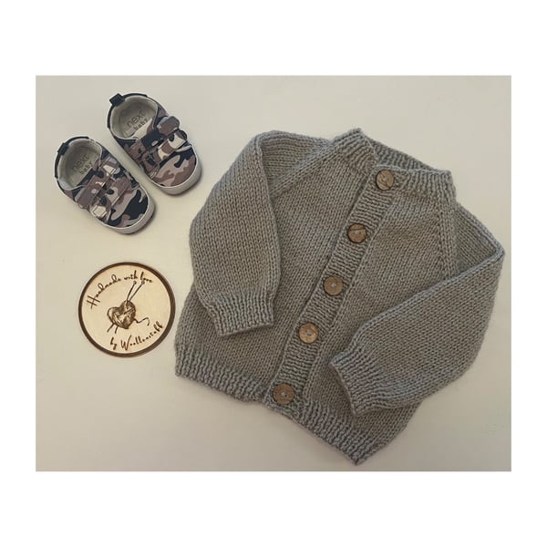 Made To Order Handknitted Calendula Aran Baby Cardigan 4 sizes. Any colour.