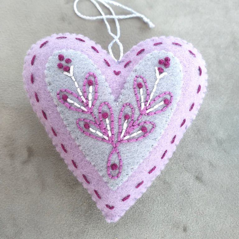 Wool Felt Heart, Embroidered Heart Ornament