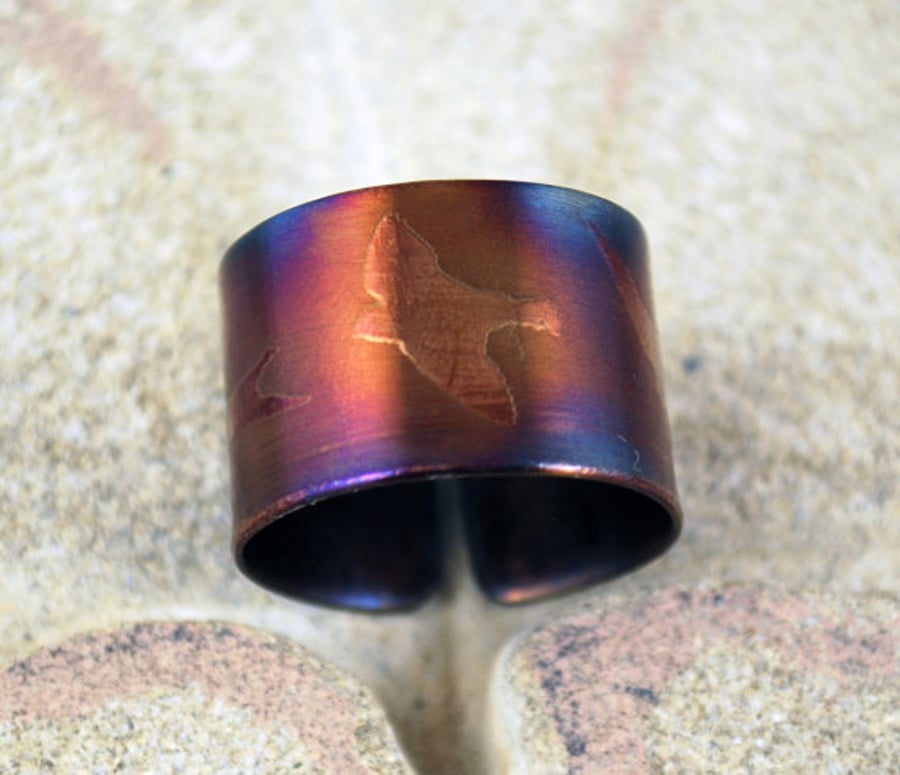 Etched surgical steel Bird on Wing Ring - Adjustable size - multi coloured steel