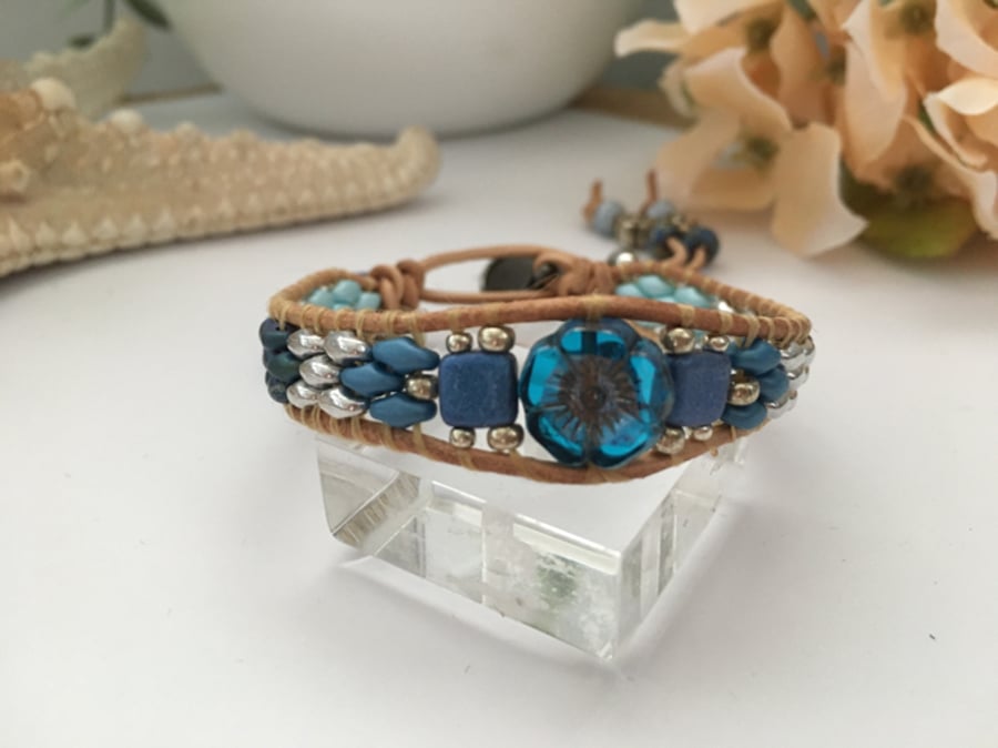 Bracelet Boho Beaded leather adjustable  flower bracelet, boho chic