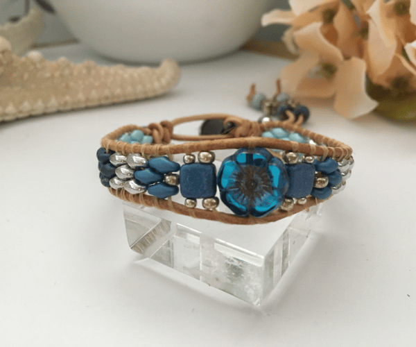 Bracelet Boho Beaded leather adjustable  flower bracelet, boho chic