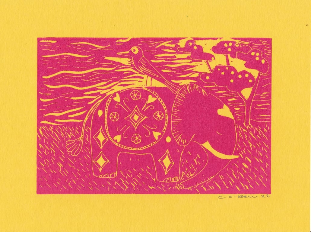 Elle the Elephant and Friend - Lino Print