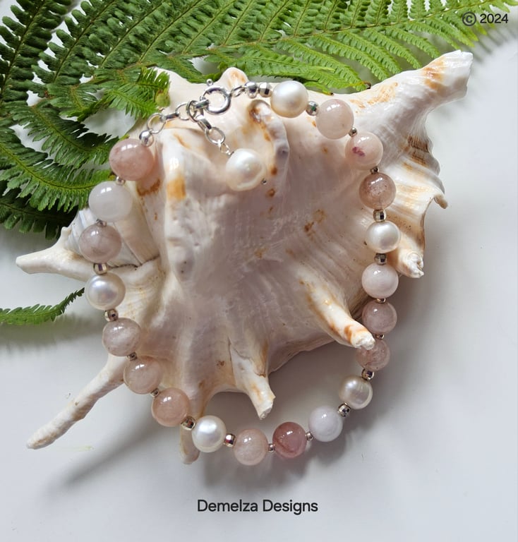 Designer Natural Morganite & Freshwater Culture Pearl 925 Bracelet 