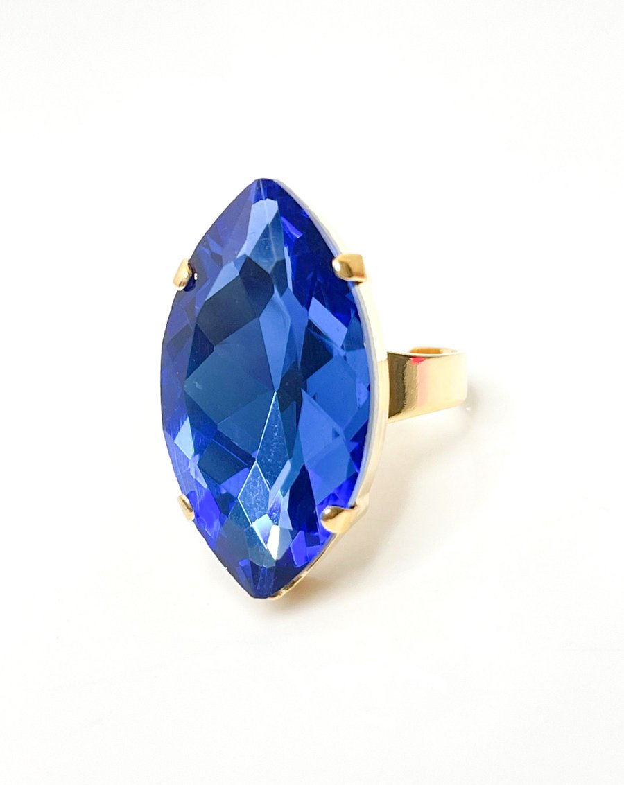 Light Sapphire Crystal Gold Ring, Large Blue Marquise Statement Ring