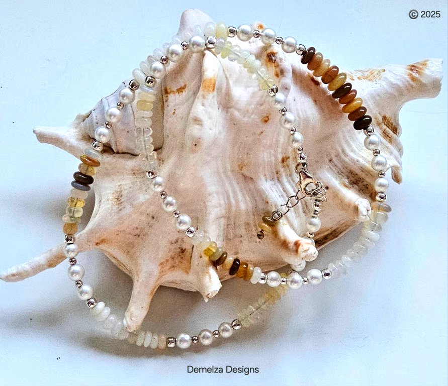 Designer Ethiopian Wello Opal, Freshwater Pearl Sterling Silver Necklace
