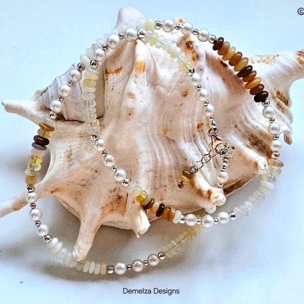 Designer Ethiopian Wello Opal, Freshwater Pearl Sterling Silver Necklace