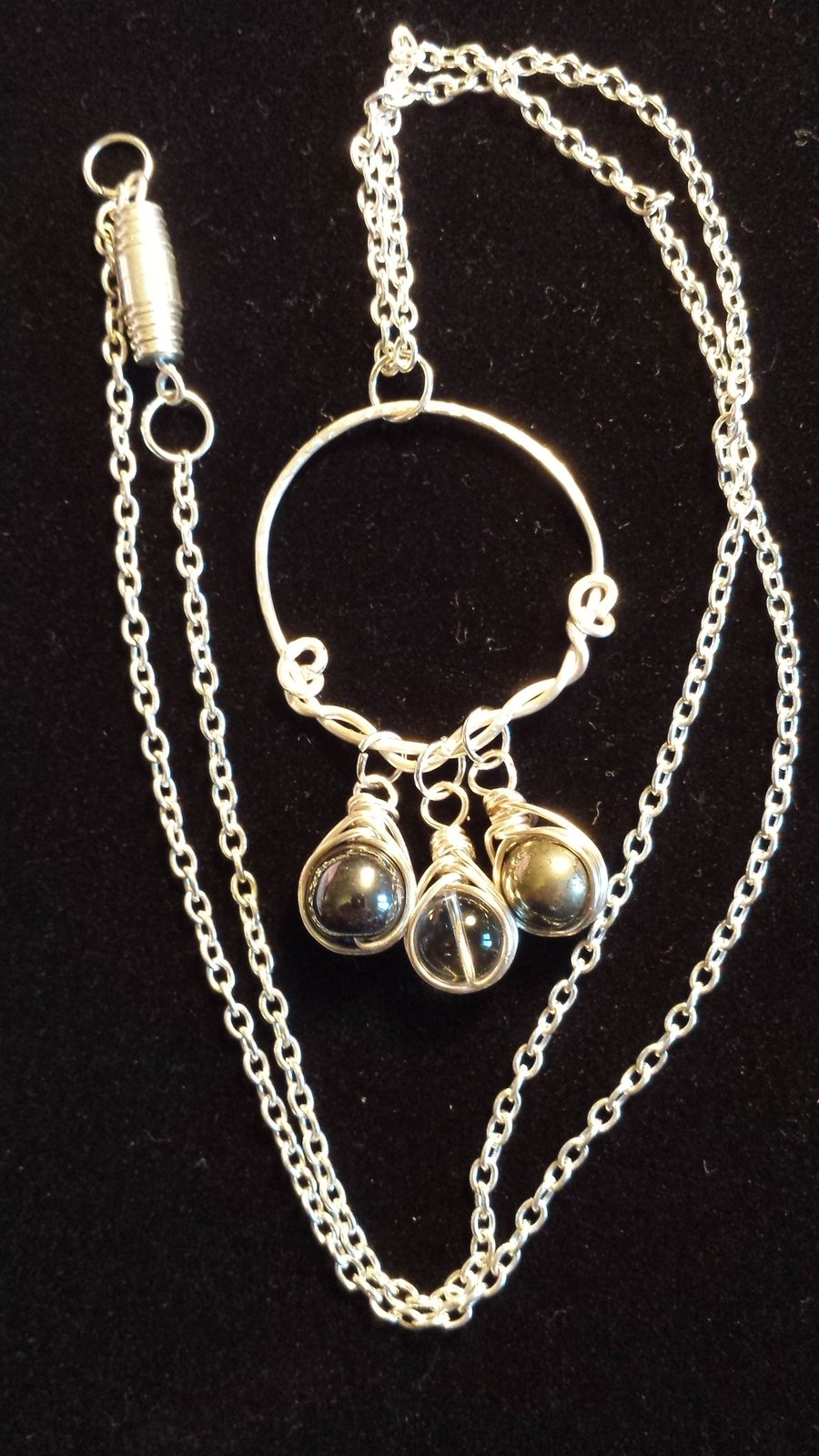 Handcrafted Wire Wrapped Pyrite,Hematite & Clear Beads Trio Pendant