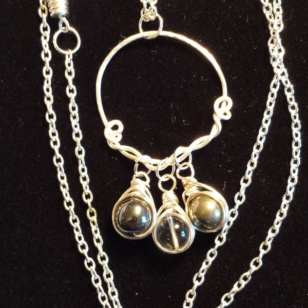 Handcrafted Wire Wrapped Pyrite,Hematite & Clear Beads Trio Pendant