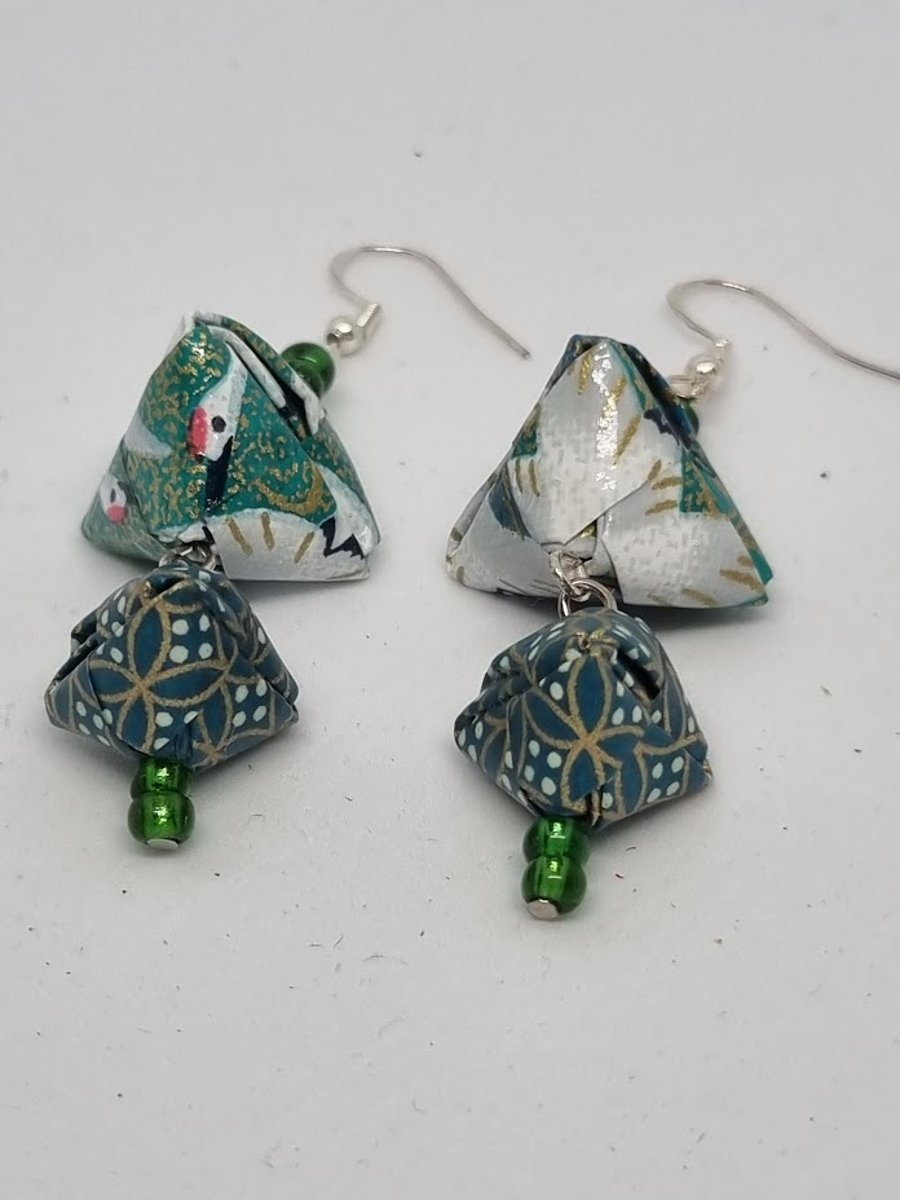 Origami earrings created with bright green and gold Japanese paper 