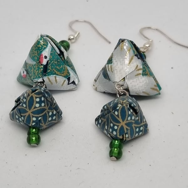 Origami earrings created with bright green and gold Japanese paper 