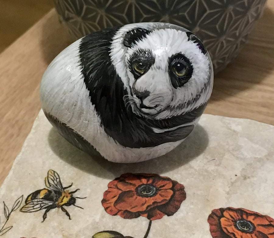 Giant panda hand painted pebble garden rock art pet stone portrait 