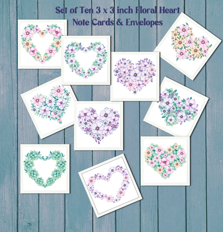10 Floral Hearts 3x3 Inch Blank Note Cards & Envelopes, Gift Tags, Stationery