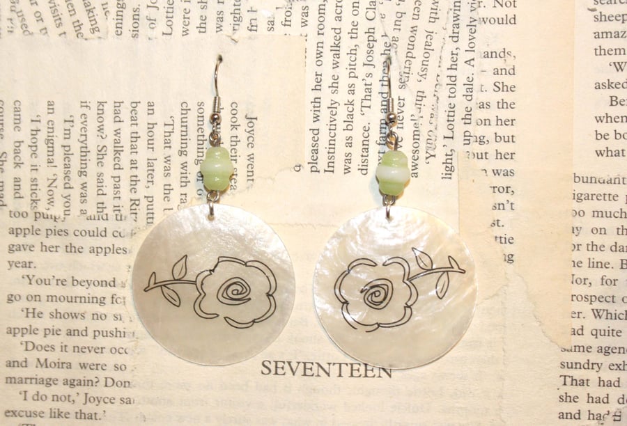 Seashell Earrings Flower Earrings with Green Beads