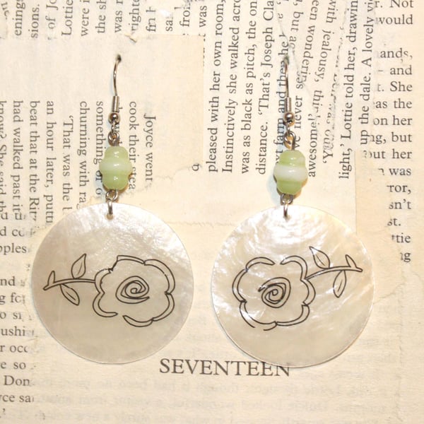 Seashell Earrings Flower Earrings with Green Beads