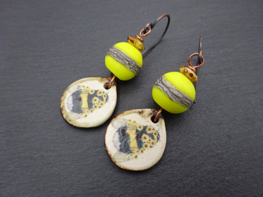 lampwork glass earrings, ceramic bee and copper jewellery
