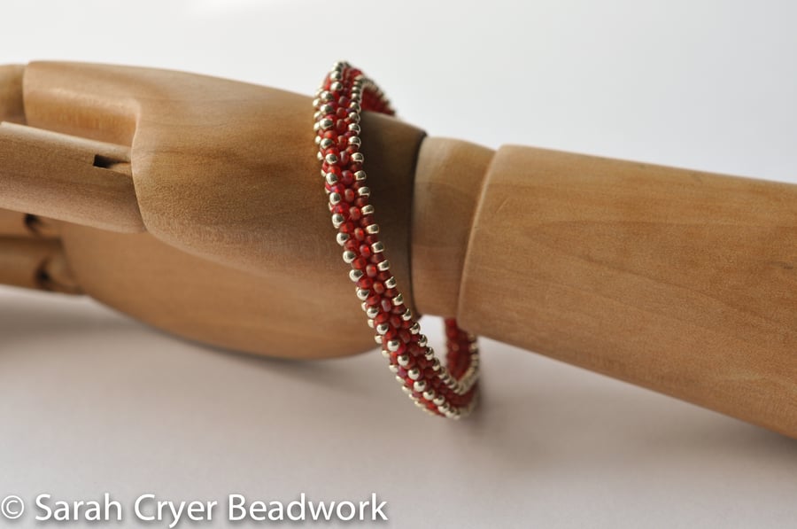 Red and silver beadwoven bangle