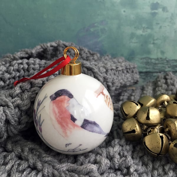 Fine Bone China Bullfinch Christmas Bauble
