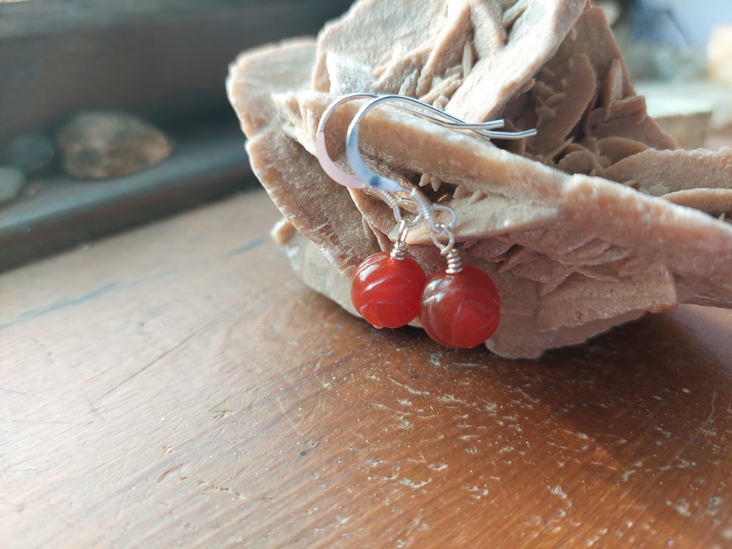 Sterling Silver Orange Agate Carved Rose Earrings