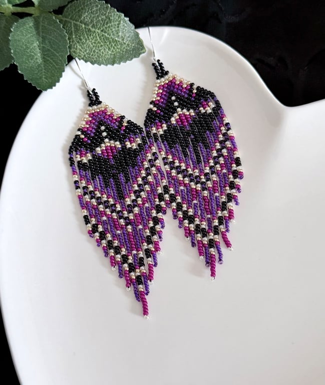 Seed Bead Fringe Earrings in Gothic Inspired Colours