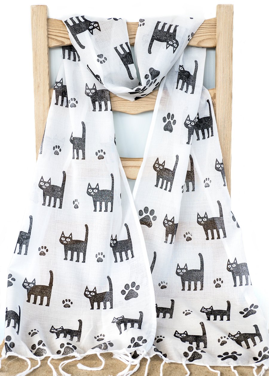 Handprinted Organic Cotton Cats Long Scarf Tassles White and Black 