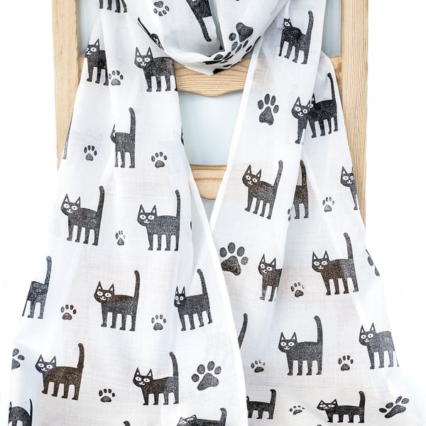 Handprinted Organic Cotton Cats Long Scarf Tassles White and Black 