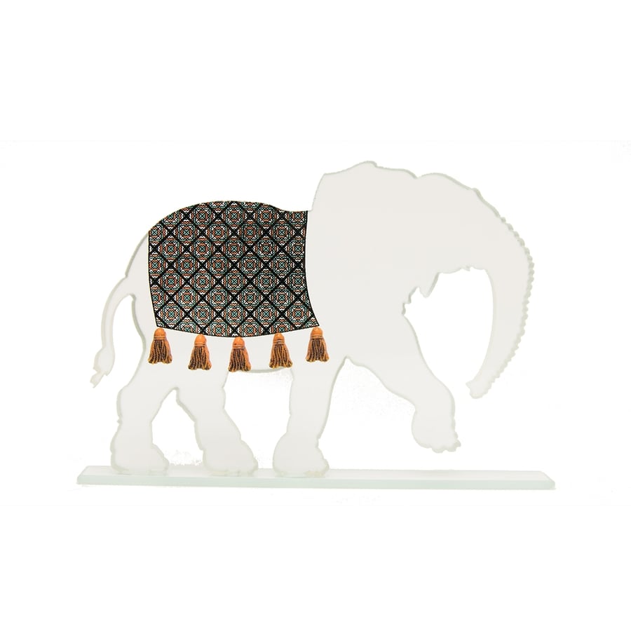 Glass Elephant Sculpture with Geometric Blanket in Printed Kiln-Fired Enamel