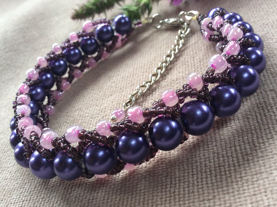 Purple Passion Flat Spiral Pearl and Bead Bracelet