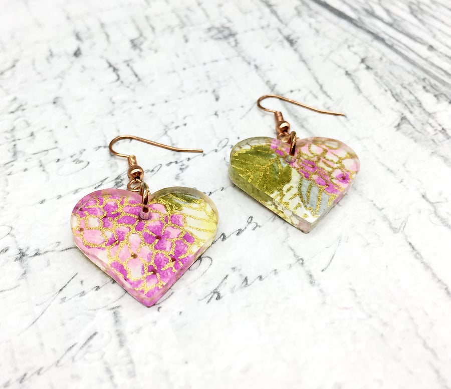 Hydrangea heart shaped Japanese washi paper and acrylic dangle earrings