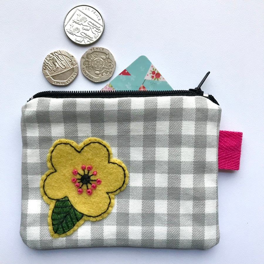 Hand Embroidered Coin Purse- Yellow Flower 