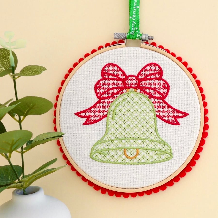 Christmas Decoration Ornament: Embroidered Hoop 14cm (5.5") Xmas Bell