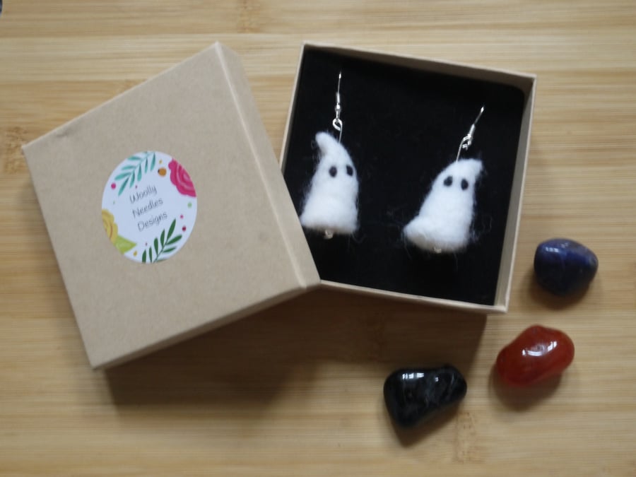 Handmade needle felted Ghost earrings