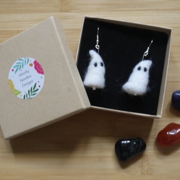 Handmade needle felted Ghost earrings