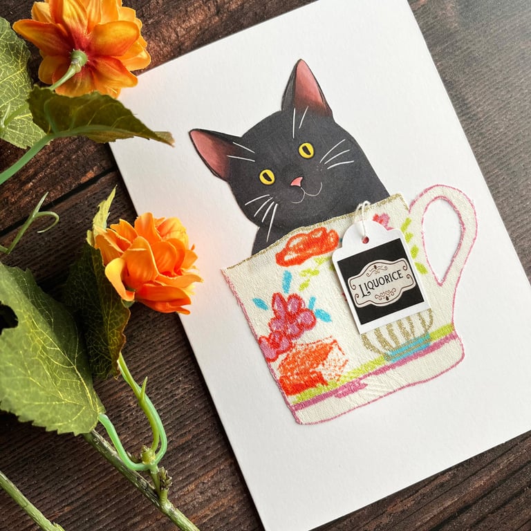 Black cat handmade card, card for cat lover, cat in a cup