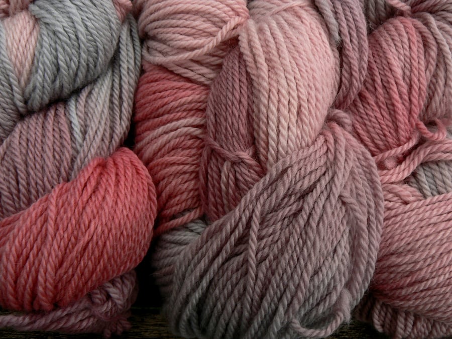 100g Hand-dyed 100% WOOL ARAN  pink blue coral