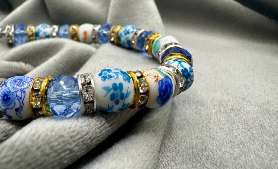Blue glass bead and ceramic beaded bracelet - small size