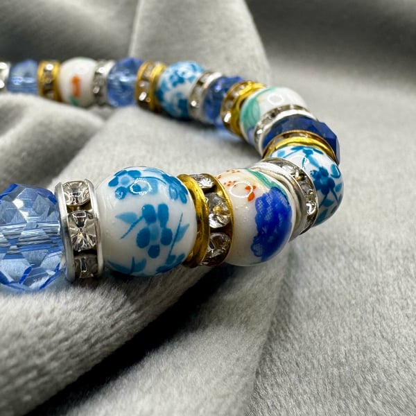 Blue glass bead and ceramic beaded bracelet - small size