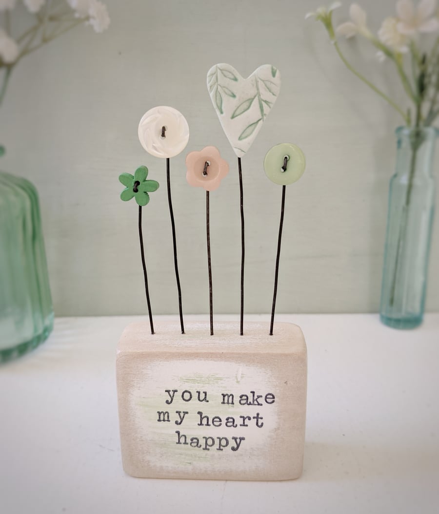 Clay Heart and Button Flowers in a Painted Wood Block 'you make my heart happy'