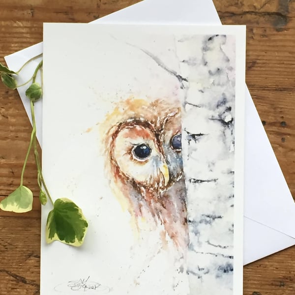 Tawny Owl Card, A5 blank greeting card with a watercolour tawny owl