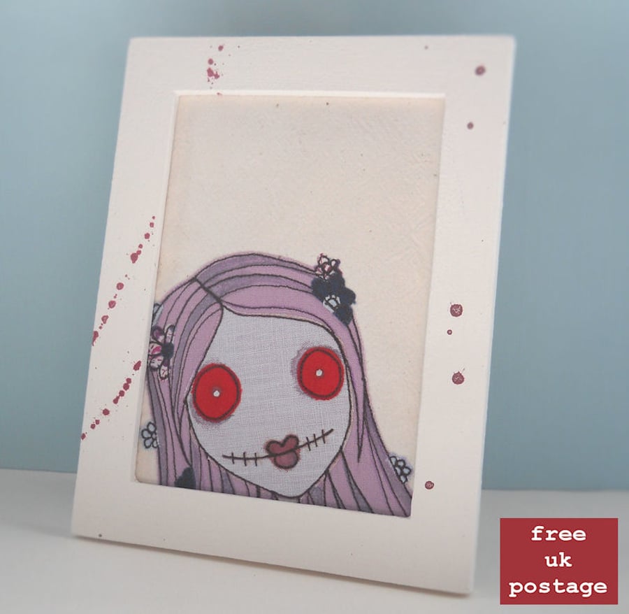 freehand embroidered zombie girl in handmade frame