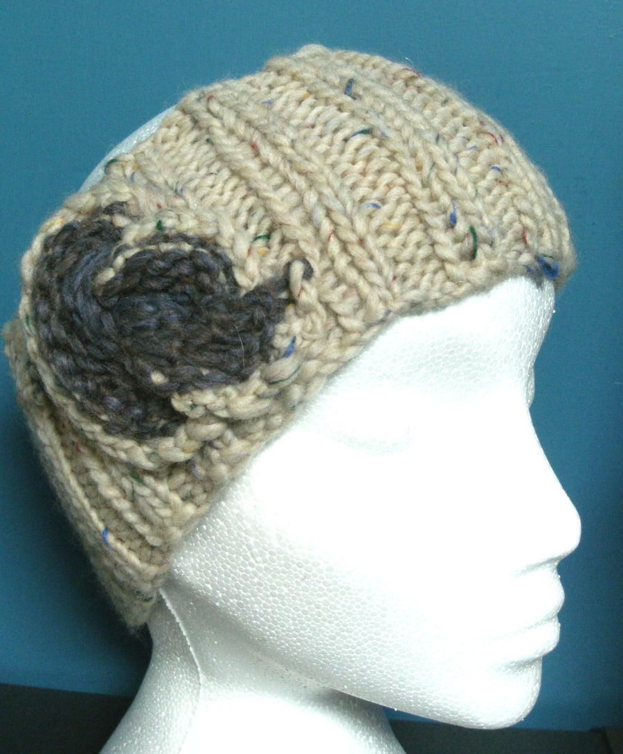 Hand knitted Double Ribbed Headband- Cream flecked Merino with lavender swirl M