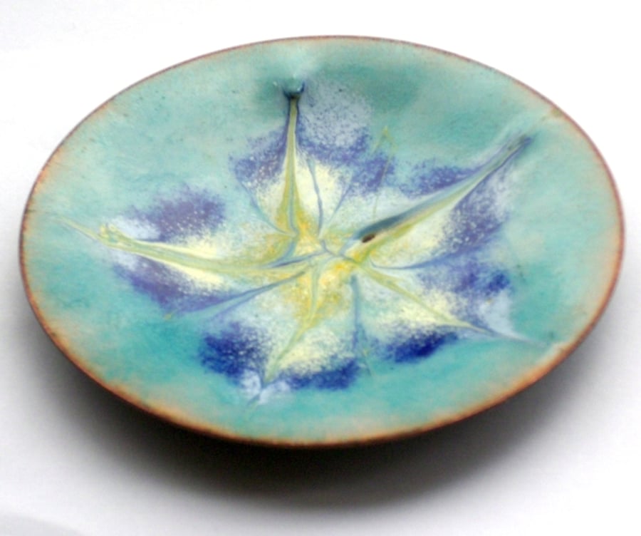 enamel dish - scrolled blue white and yellow over pale turquoise