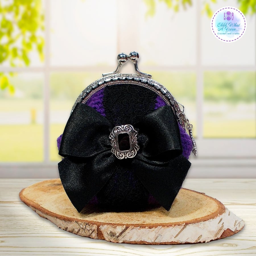 Purple and black bow and lace coin purse with kiss clasp