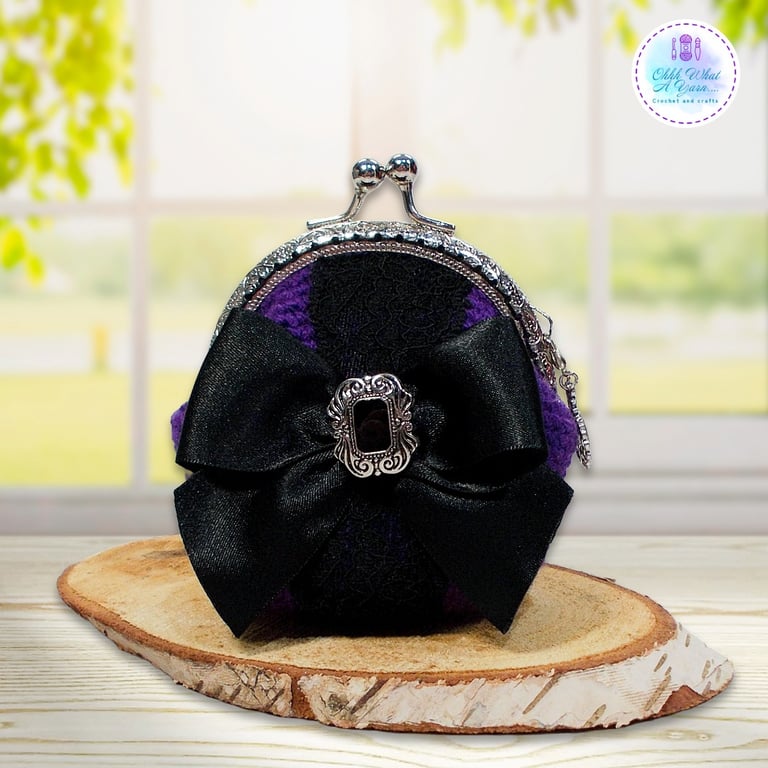 Purple and black bow and lace coin purse with kiss clasp
